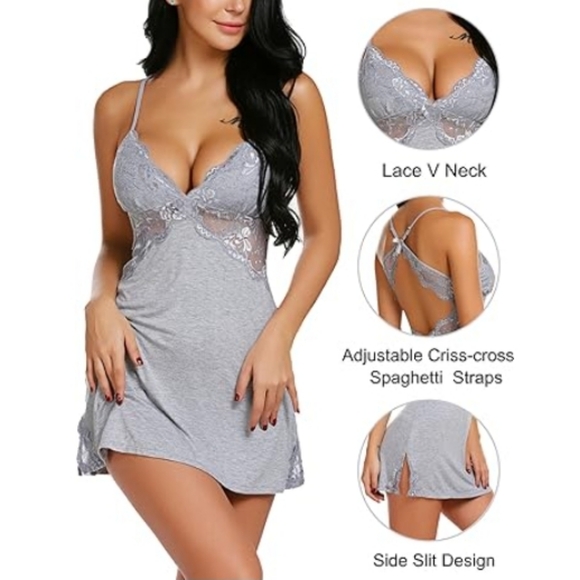 Nightie Lingerie Lace Chemise Sleepwear Babydoll Teddy Nighty Light Gray - Picture 5 of 6